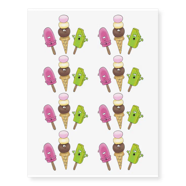 Cute funny ice cream popsicle cartoon trio temporary tattoos | Zazzle