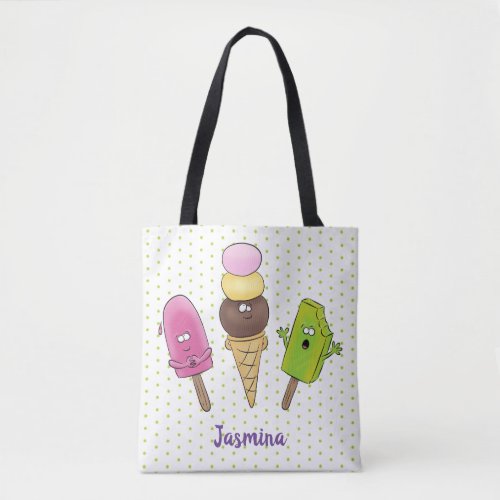 Cute funny ice cream popsicle cartoon trio tote bag