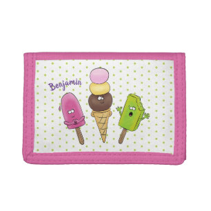 Cute funny ice cream popsicle cartoon trio tri-fold wallet