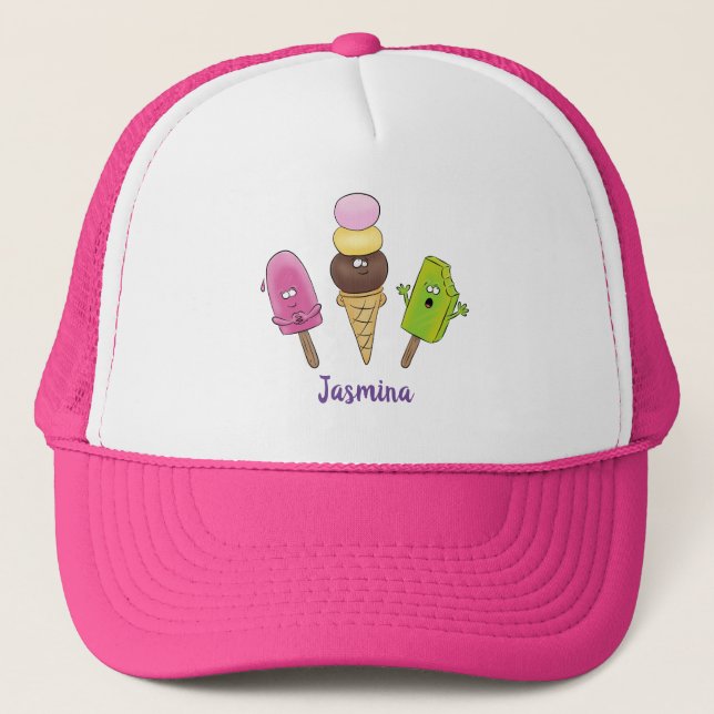 Cute funny ice cream popsicle cartoon trio trucker hat (Front)