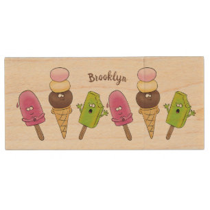 Cute funny ice cream popsicle cartoon trio wood flash drive