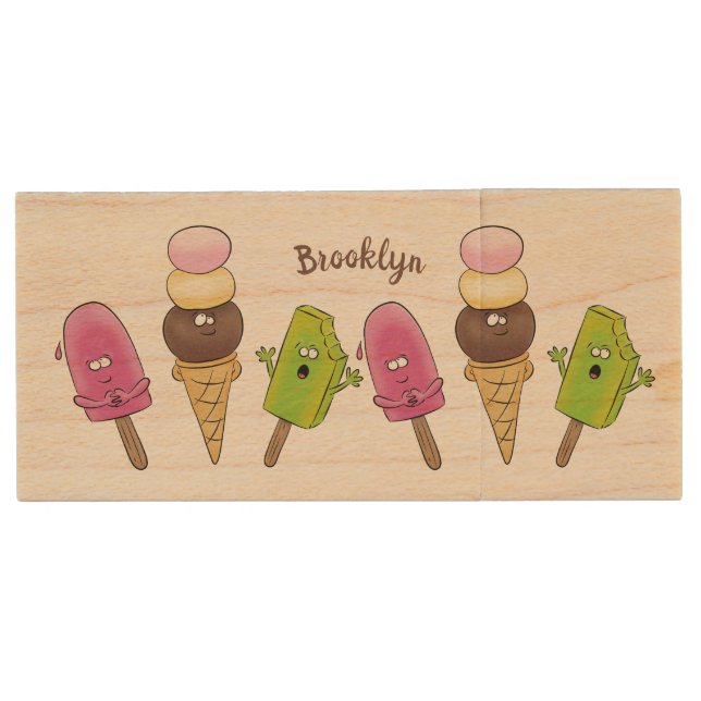 Cute funny ice cream popsicle cartoon trio wood flash drive (Front)