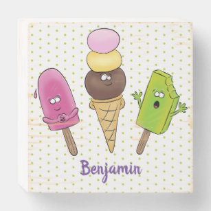 Cute funny ice cream popsicle cartoon trio wooden box sign