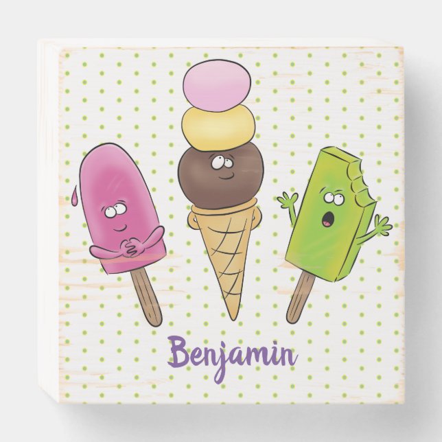 Cute funny ice cream popsicle cartoon trio wooden box sign (Front Horizontal)
