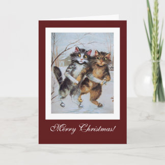 Cute Funny Iceskating Cats; Vintage Cat Christmas Holiday Card