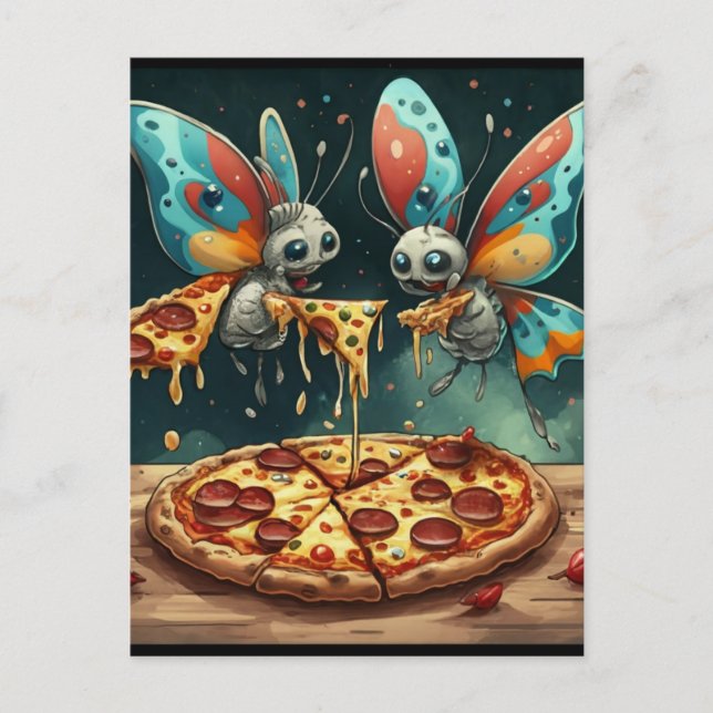 Cute funny insects eating a pizza funny gift ideas postcard (Front)