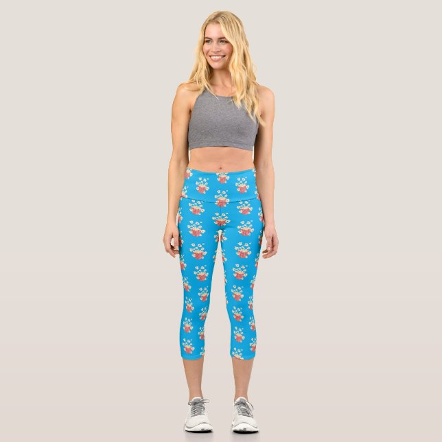 Cute funny jumping popcorn cartoon capri leggings (Front)