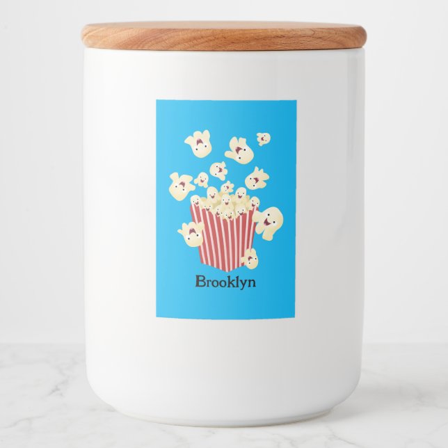 Cute funny jumping popcorn cartoon food label (Front)