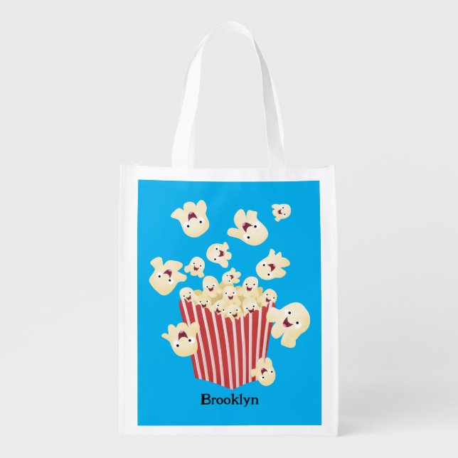 Cute funny jumping popcorn cartoon grocery bag (Front)