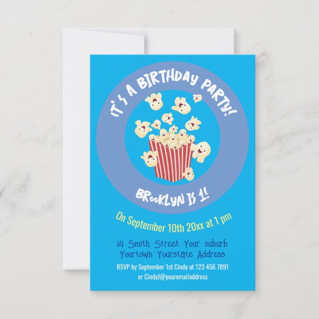 Cute funny jumping popcorn cartoon invitation (Front)