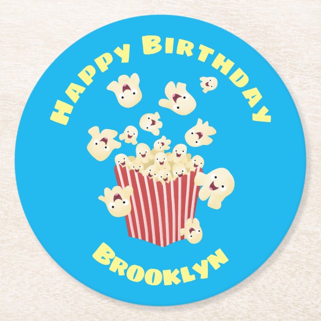 Cute funny jumping popcorn cartoon round paper coaster (Front)