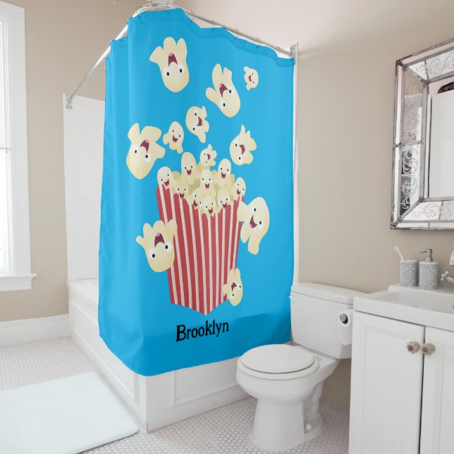 Cute funny jumping popcorn cartoon shower curtain (In Situ)
