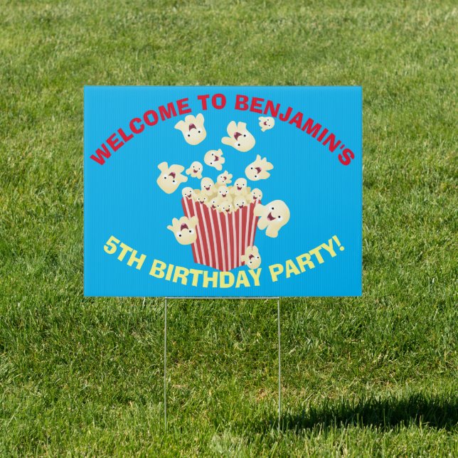 Cute funny jumping popcorn cartoon sign (Insitu)