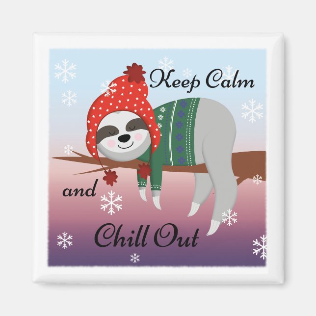 Cute Funny Keep Calm Sloth in Winter Hat & Scarf Magnet (Front)