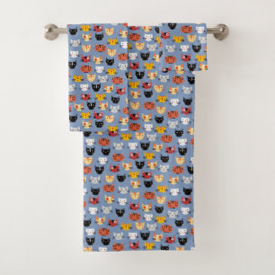 Cute Funny Kitty Cat Faces Pattern Blue Bath Towel Set