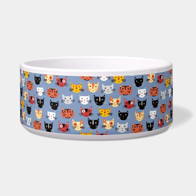 Cute Funny Kitty Cat Faces Pattern Blue Bowl (Front)