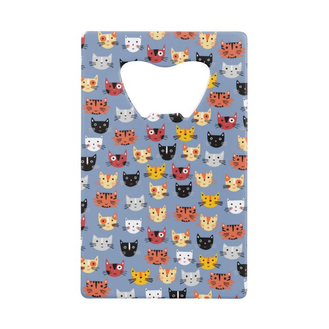 Cute Funny Kitty Cat Faces Pattern Blue Credit Card Bottle Opener (Front)