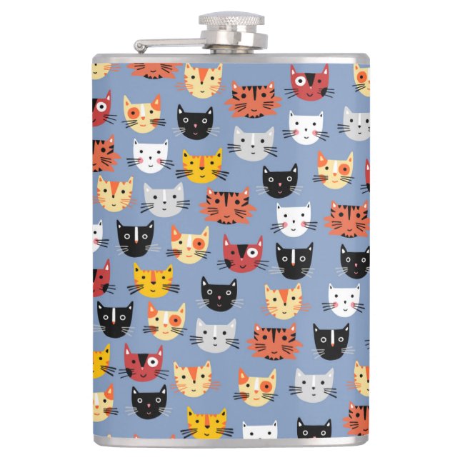 Cute Funny Kitty Cat Faces Pattern Blue Flask (Front)