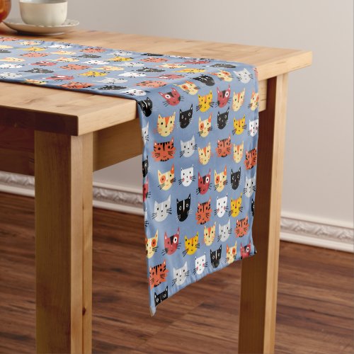 Cute Funny Kitty Cat Faces Pattern Blue Short Table Runner