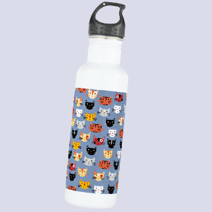 Cute Funny Kitty Cat Faces Pattern Blue Stainless Steel Water Bottle