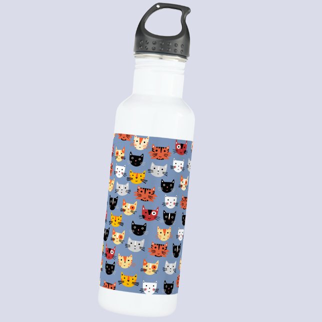 Cute Funny Kitty Cat Faces Pattern Blue Stainless Steel Water Bottle (Fun little kitty cat water bottle for pet lovers)