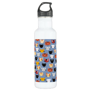 Cute Funny Kitty Cat Faces Pattern Blue Stainless Steel Water Bottle