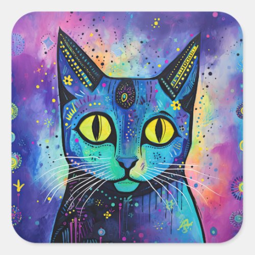 Cute Funny Kitty Cat Mixed Media Animal Pet Square Sticker