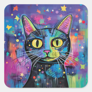 Cute Funny Kitty Cat Mixed Media Animal Pet Square Sticker