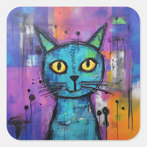 Cute Funny Kitty Cat Mixed Media Animal Pet Square Sticker