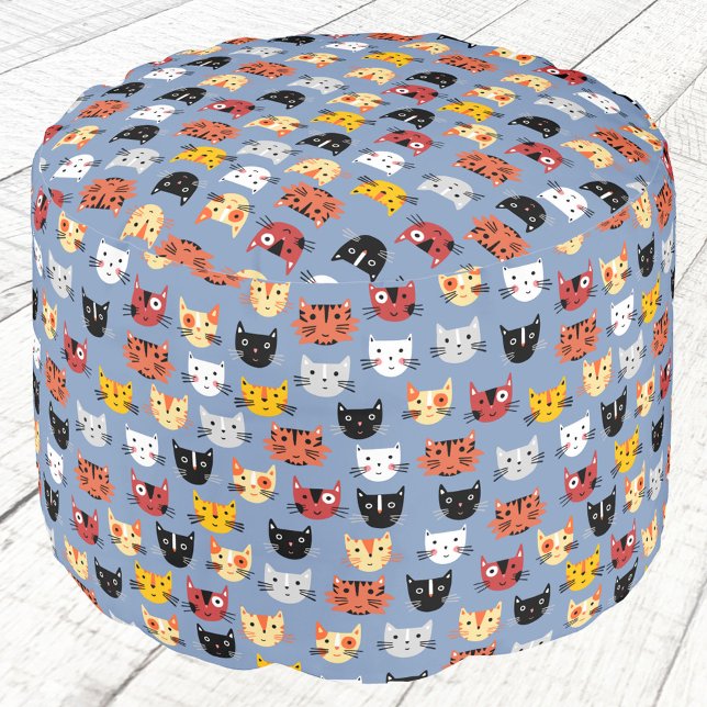 Cute Funny Kitty Cat Pattern Blue Pouf (Fun kitty cat pattern blue pouffe)