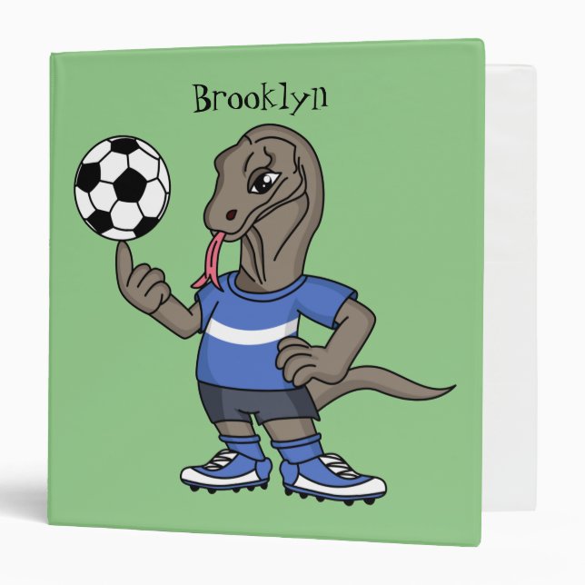 Cute funny Komodo dragon playing soccer cartoon 3 Ring Binder (Front/Inside)
