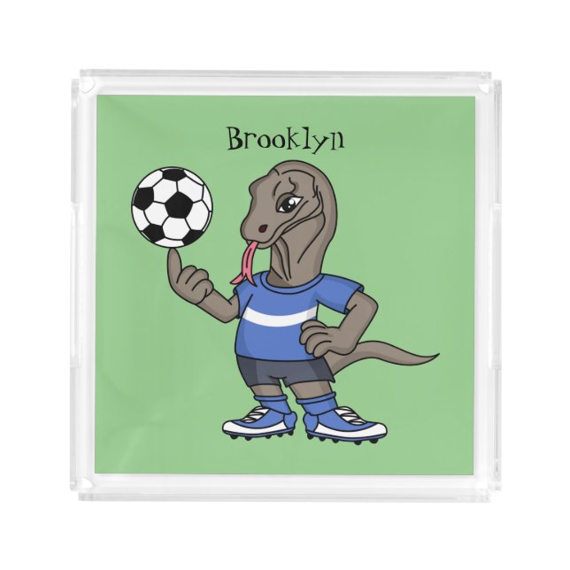 Cute funny Komodo dragon playing soccer cartoon Acrylic Tray (Front)