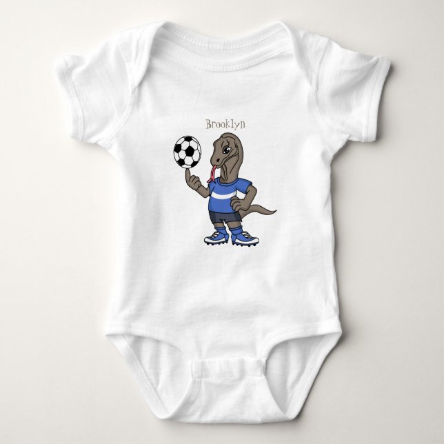 Cute funny Komodo dragon playing soccer cartoon Baby Bodysuit (Front)