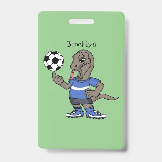 Cute funny Komodo dragon playing soccer cartoon Badge (Front)