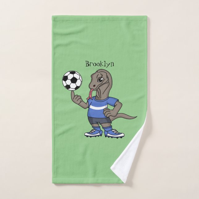 Cute funny Komodo dragon playing soccer cartoon Bath Towel Set (Hand Towel)