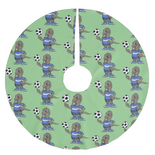 Cute funny Komodo dragon playing soccer cartoon Brushed Polyester Tree Skirt