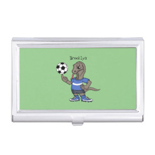 Cute funny Komodo dragon playing soccer cartoon Business Card Case