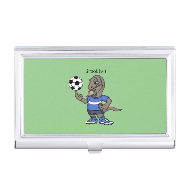 Cute funny Komodo dragon playing soccer cartoon Business Card Case (Front)