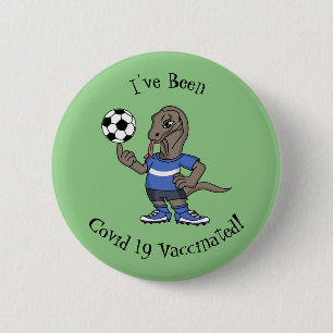 Cute funny Komodo dragon playing soccer cartoon Button