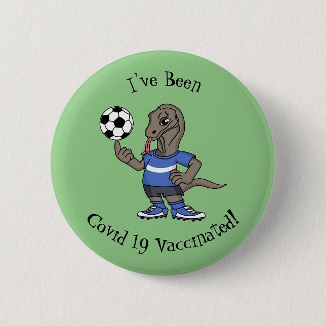 Cute funny Komodo dragon playing soccer cartoon Button (Front)