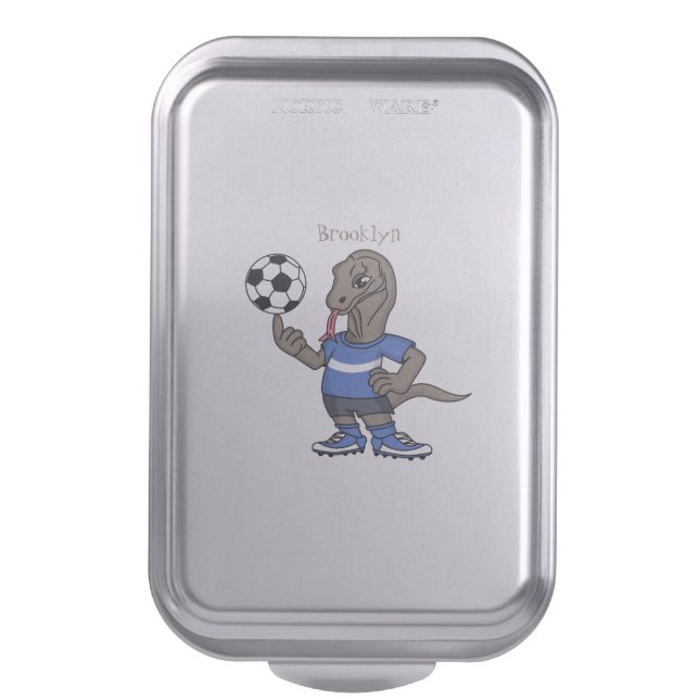 Cute funny Komodo dragon playing soccer cartoon Cake Pan (Front Vertical)