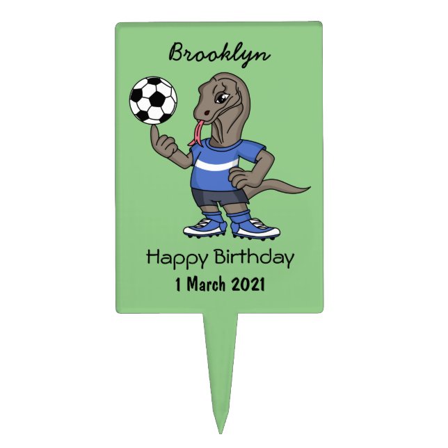 Cute funny Komodo dragon playing soccer cartoon Cake Topper (Front)