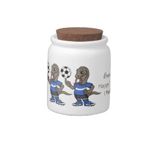 Cute funny Komodo dragon playing soccer cartoon Candy Jar