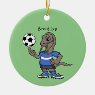 Cute funny Komodo dragon playing soccer cartoon Ceramic Ornament
