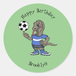 Cute funny Komodo dragon playing soccer cartoon Classic Round Sticker