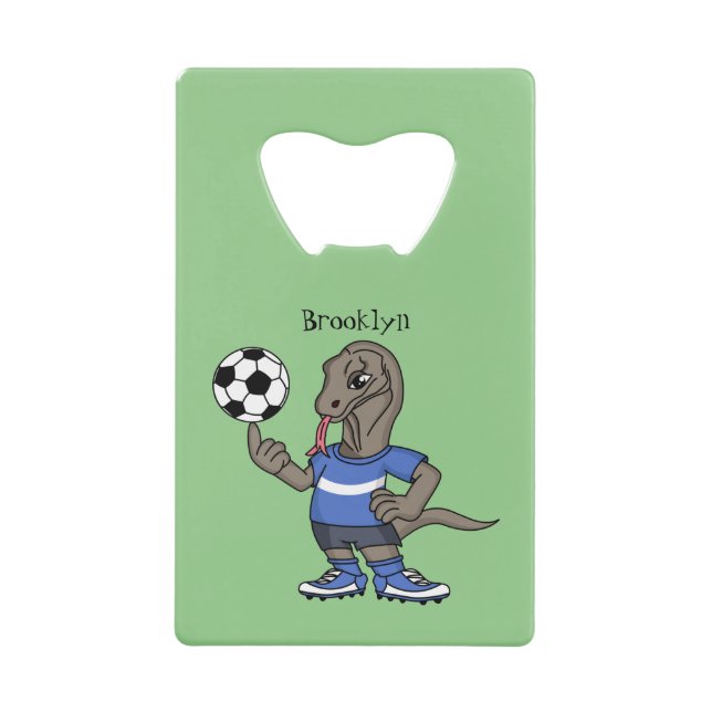 Cute funny Komodo dragon playing soccer cartoon Credit Card Bottle Opener (Front)