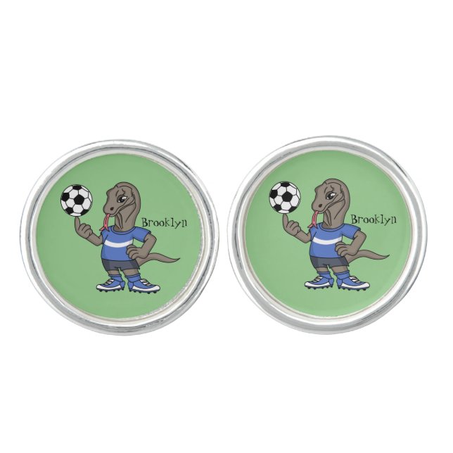 Cute funny Komodo dragon playing soccer cartoon Cufflinks (Front)