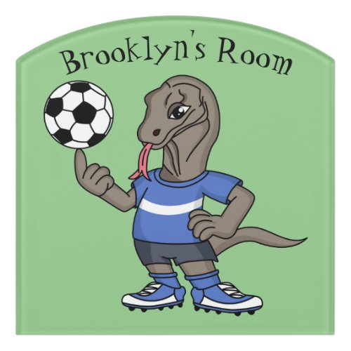 Cute funny Komodo dragon playing soccer cartoon Door Sign