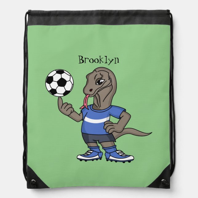 Cute funny Komodo dragon playing soccer cartoon Drawstring Bag (Front)