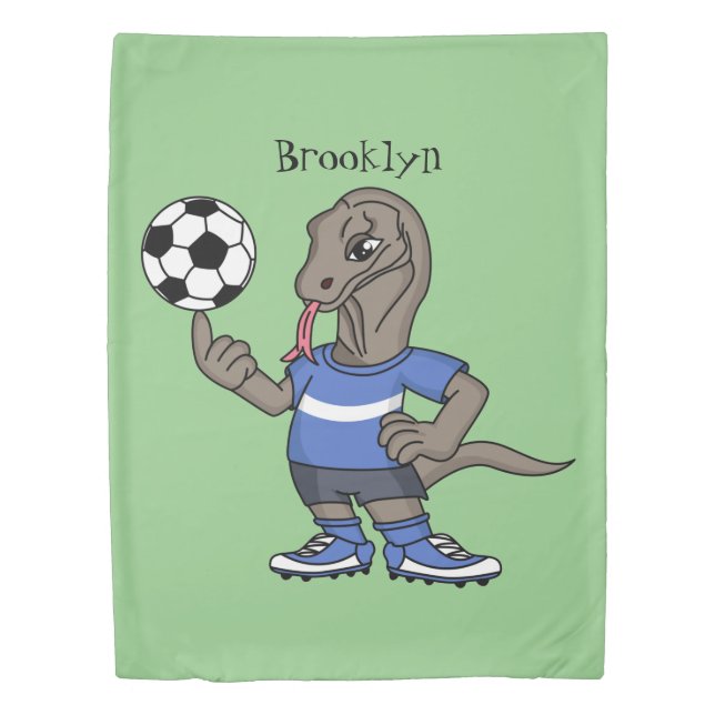 Cute funny Komodo dragon playing soccer cartoon Duvet Cover (Front)